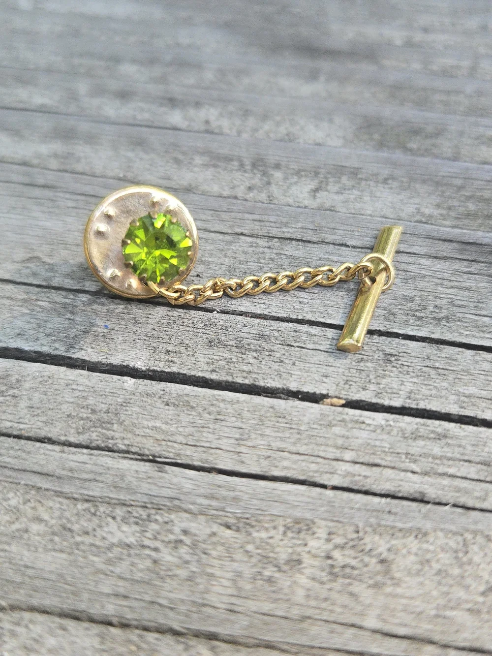 Vintage Gold Tie Tack with Peridot Green Crystal
